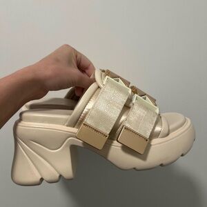 Flash mule slides in cream with gold accents chunky heel
